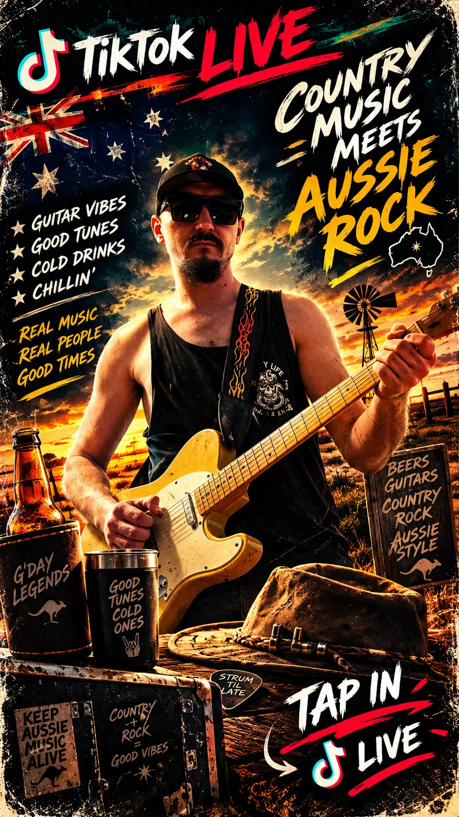 JustDeanoBro with an electric guitar in a sunset country rock scene