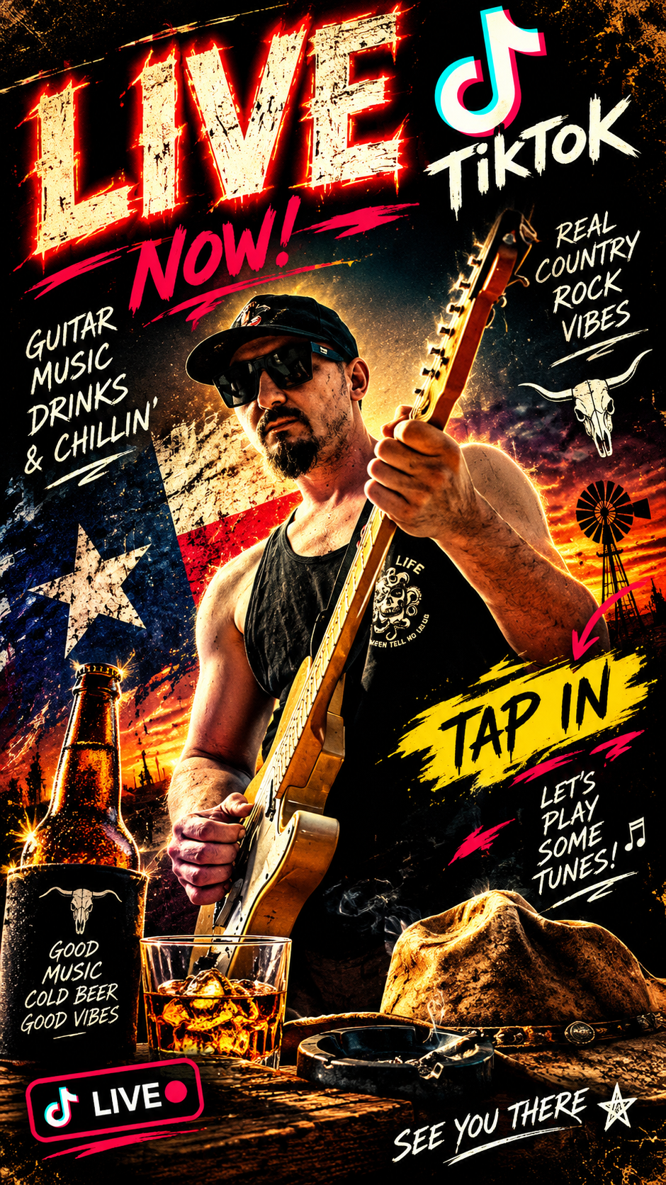 JustDeanoBro playing electric guitar in an Australian country rock poster